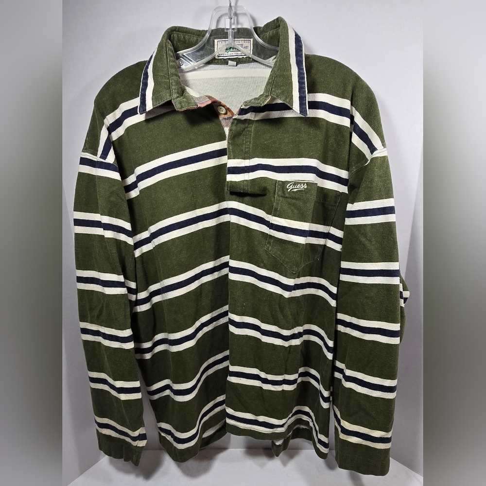 VINTAGE Guess Designs 1987 Polo Long Sleeve Shirt Men's Size Large Green Striped